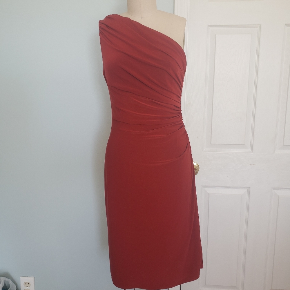 Ralph Lauren Stretch One-Shoulder Dress in Deep Red, 6
